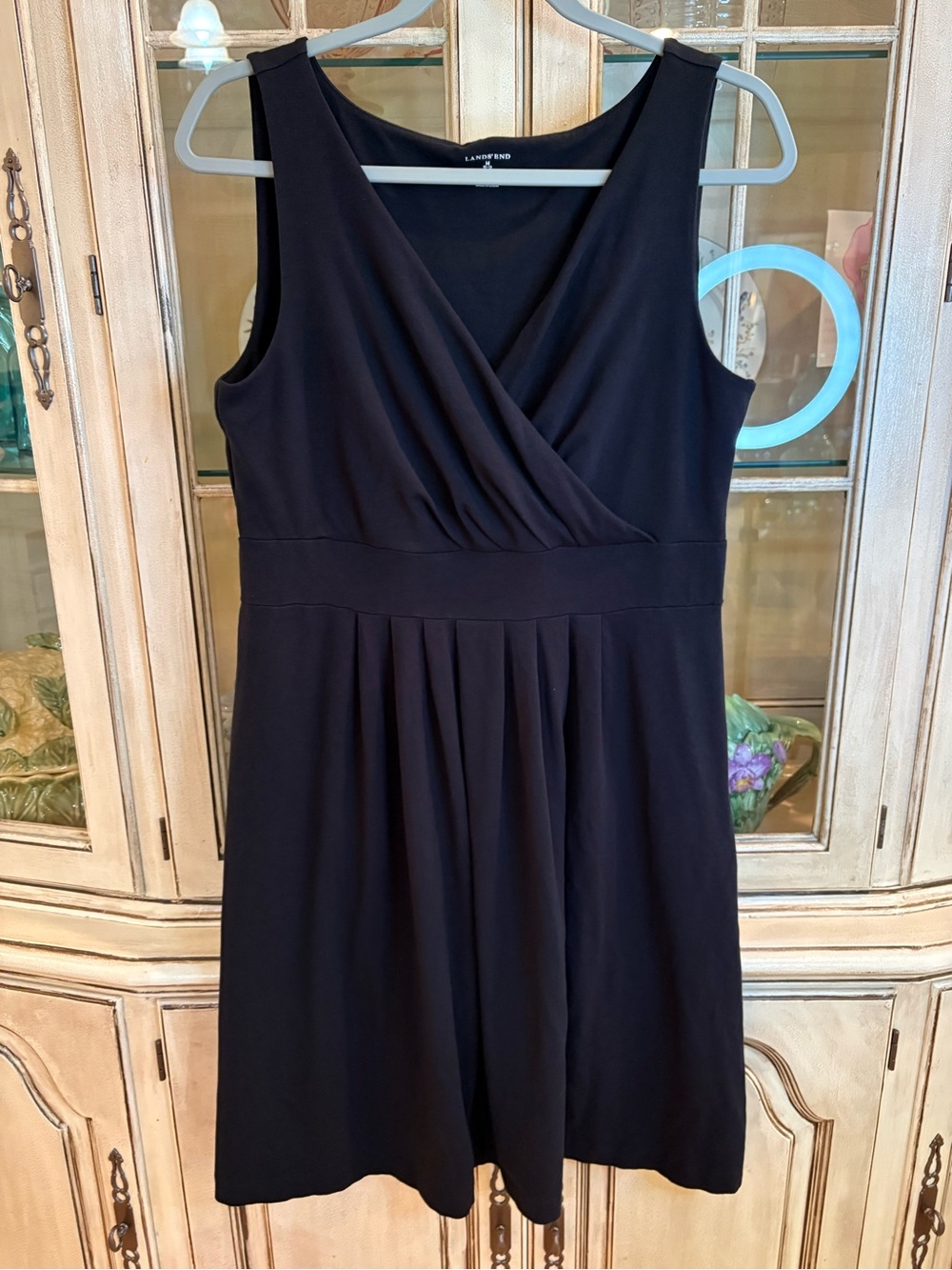 Lands' End Cotton-Blend Sleeveless Knee-Length, VNeck Fit & Flare Dress in Black